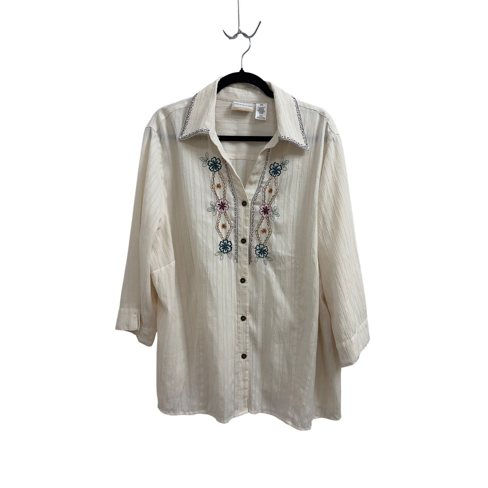Button Up Blouse Floral Boho Cottagecore Alfred Dunner Women 20W Ivory Beaded